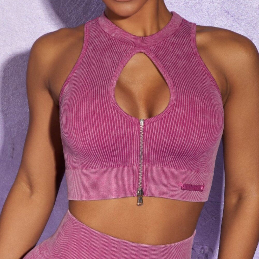 OH POLLY RELAY KEYHOLE RIBBED ZIP CROP TOP SPORTS BRA - PINK - MEDIUM